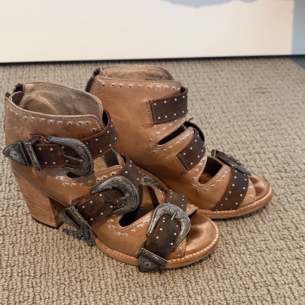 freebird Brown Leather Studded Buckle Heels